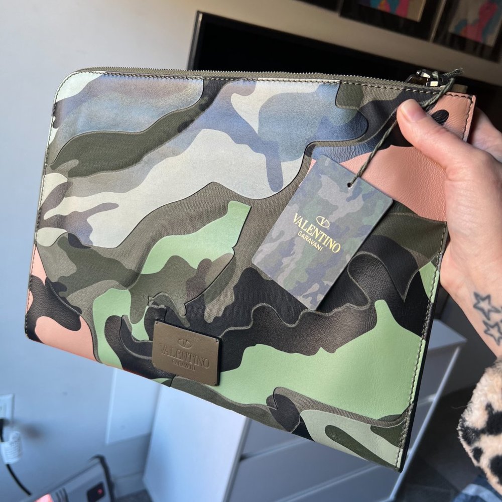 Valentino Garavani Camouflage Leather Clutch with Pink Accents